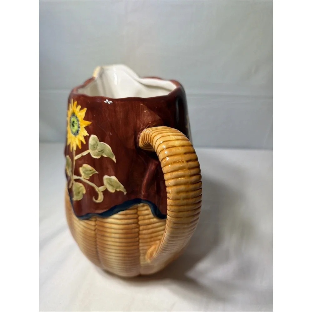 WCL Hand Painted Ceramic Pitcher Basket Weave with Sunflowers 9